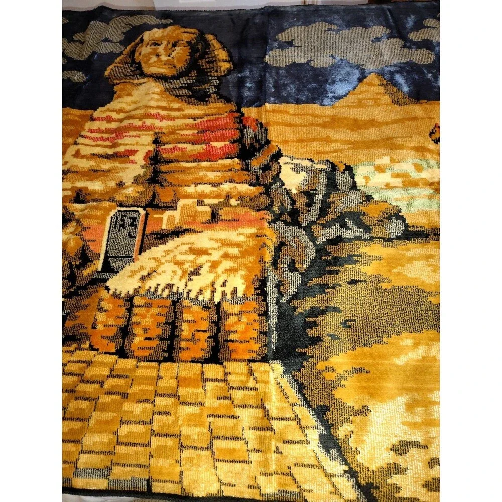 ​Vintage Large Velvet Egyptian Tapestry 59x39, Mid Century Sphinx Pyramids Camel